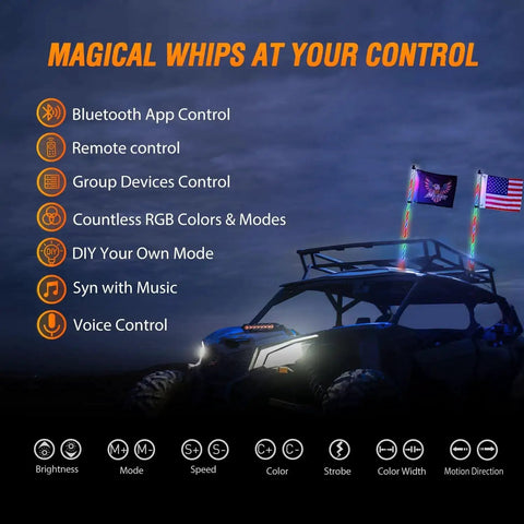 ATV with 2 Pack 2 Foot RGB LED Whip Light Kit With Bluetooth App Control And Remote DIY Chasing Modes at night
