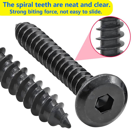 Close-up of 20 Pieces Self Tapping Screws Set Flat Head Hex Socket Cap Screws M6x40mm, durable carbon steel with spiral teeth.