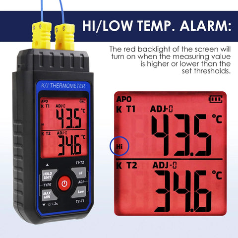Dual-channel K/J thermometer handheld with blue bezel and yellow thermocouple plugs; red backlit display for HVAC use