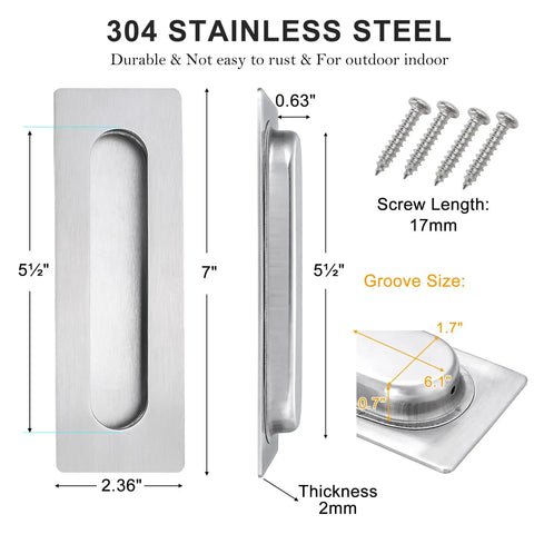 Diagram of 7 Inch Recessed Flush Finger Pulls For Pocket Door Sliding Door Hardware In Brushed Stainless Steel Rectangular 2 Pack Durable 304 Stainless Steel Rust Resistant Fingerprint Resistant Recess Mount with dimensions and screws.
