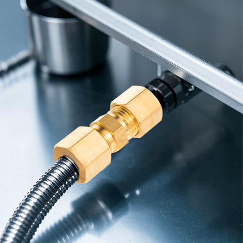 Two brass compression tube fittings on a stainless steel braided hose, 1/4 in. OD to 1/4 in. OD fridge water line connectors