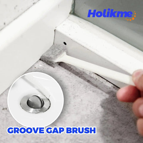 Close-up of a hand using a gap brush to clean window grooves, part of the 6 Pack Kitchen Brush Set Dish Brushes Scouring Pad Wire Brush Gap Brushes.