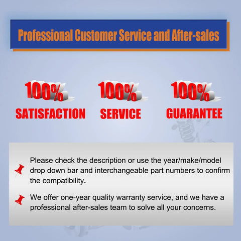 Professional customer service and after-sales graphic with 100% satisfaction, service, and guarantee statements.