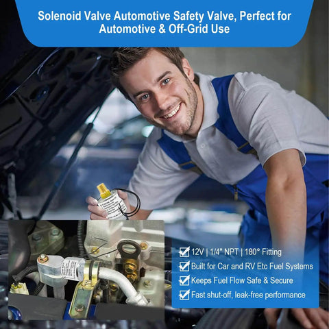 Technician holding 12 Volt Propane Solenoid Valve With One Quarter Inch NPT Inlet And Outlet, ideal for automotive use.