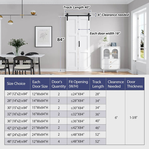 36x84 White Bifold Barn Door With Hardware installed in living space, showing dimensions and clearance requirements.