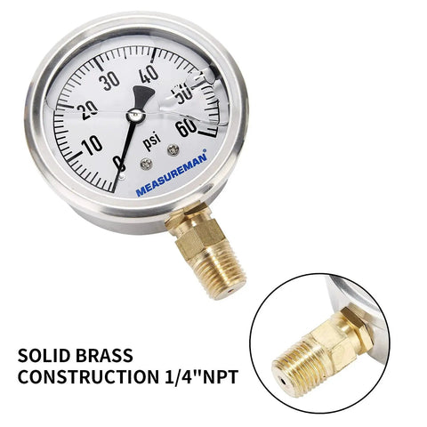 Glycerin Filled Plumbing Pressure Gauge For Vibration Prone Lines, 0 To 60 PSI, 2 And One Half Inch Dial, Stainless Steel Case, 1/4 Inch NPT Lower Mount