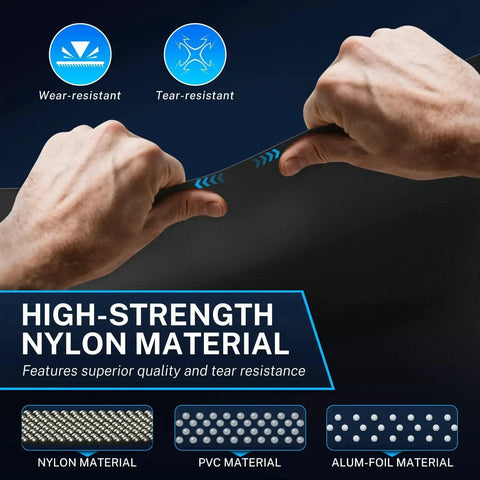 Hands pulling high-strength nylon material showcasing durability for Beefy Heavy Duty Nylon Duct Hose 3 Inch By 16 Foot Flexible Venting.