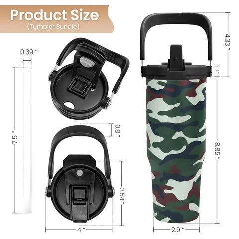 Camouflage 30Oz Tumbler With Handle Stainless Steel Insulated Travel Cup With Flip Straw Coffee On The Go For Men Veterans Hunters Outdoor Lovers Perfect Gift For Camping Fishing Hiking And Workout Sessions; dimensions and lid view displayed.