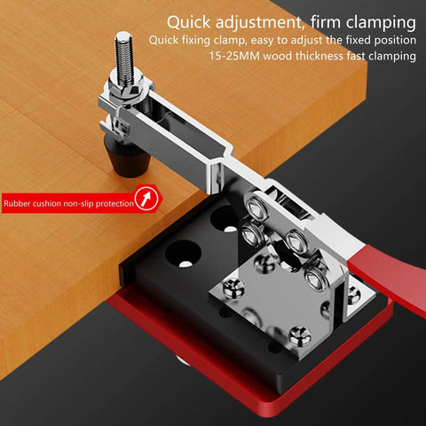 Stainless Steel 35mm Cup Hinge Drill Guide Jigs With Ball Bearing Guide for Precise Cabinet Assembly in use on wooden board