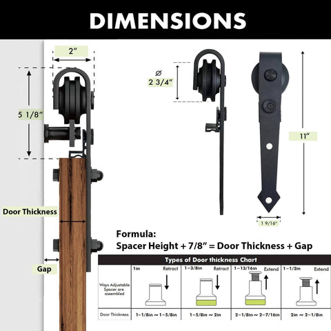 Dimensions diagram of Black Rustic Sliding Barn Door Hardware Kit For Two Doors 13 Foot Flat Track System With Arrow Design Rollers.