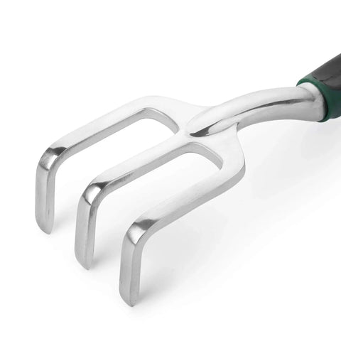 Close-up of Eleven And A Half Inch Hand Rake For Weeding And Soil Turning With Three Prong Metal Cultivator For Garden Beds And Plots.
