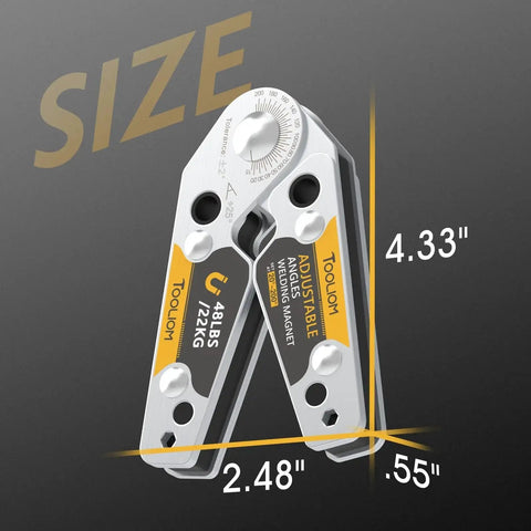 Adjustable Angle Welding Magnet With 20 To 200 Degree Range And 48 Lbs Magnetic Hold For Ferrous Parts, shown with size dimensions.
