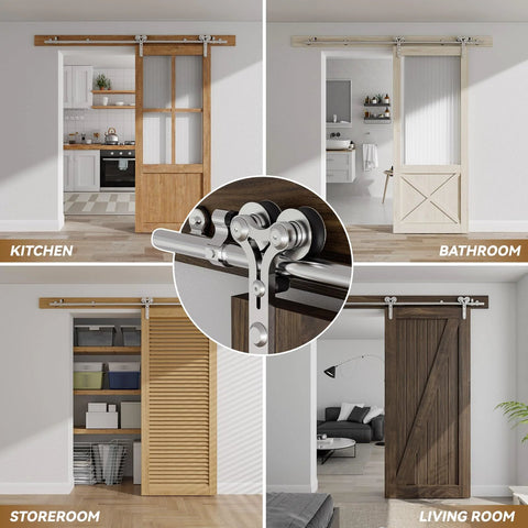 9 Foot Stainless Steel Sliding Door Hardware Kit installed on various wooden barn doors in kitchen, bathroom, storeroom, and living room