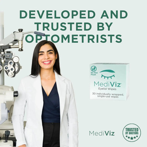 Optometrist with MediViz Hypoallergenic Eyelid Cleansing Wipes For Debris Removal And Itchy Eye Relief, eye equipment in background