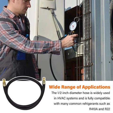 HVAC vacuum hose, 1/2 in diameter, black, 6 ft with 3/8-1/4 in fittings, coil with brass connectors