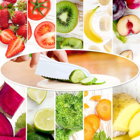 Kids Kitchen Knife Set With Crinkle Cutter cutting cucumber, surrounded by sliced fruits and vegetables, safe for children.