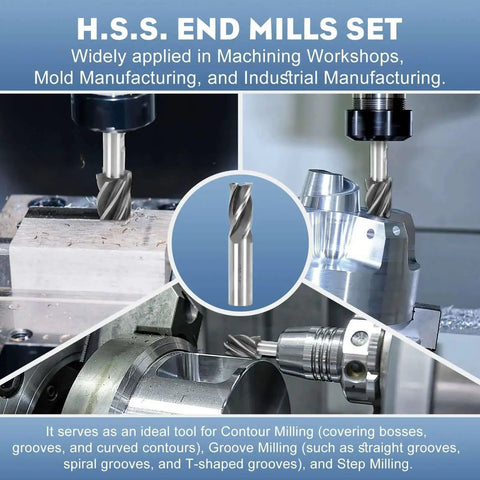 6PCS HSS End Mill Set For Hard Alloy Steel With 4 And 6 Flute Mills Cutting Diameters Three Quarters Inch To One And One Half Inch Weldon Shank Three Quarters Inch Bridgeport Ready Industrial Tools For Versatile Milling And Dope Precision On Tough Metals in use on machining equipment.
