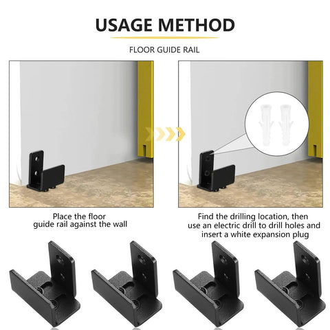 U Shape Floor Guide For Sliding Barn Doors, 4 Pack, Black Finish, Wall Mount Or Flush Flat Bottom Design, installation guide