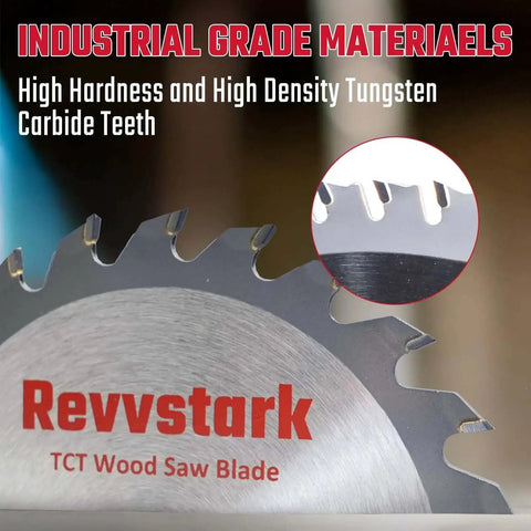Close-up of Revvstark TCT wood saw blade, highlighting carbide-tipped teeth and industrial grade materials