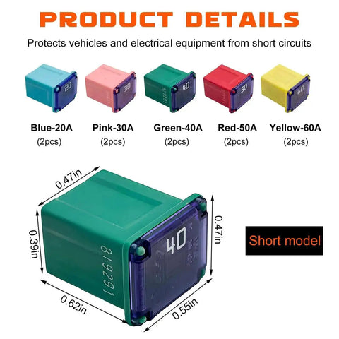 Image of 10 Pack Car Square Fuses Low Profile Box Kit All In One With 20A 30A 40A 50A 60A Micro Cartridge Fuses in multiple colors.