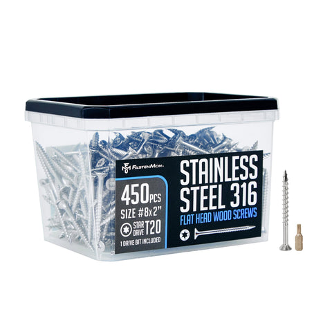 #8 x 2 Marine Grade 316 Stainless Steel Deck Screws, 450 PCS - Flat Head T20, Type 17 Point, Rust Resistant, Quick Drive with Strong Grip for Outdoor Wood Projects, Bit Included