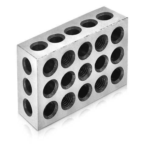 Matched Pair 1 2 3 Blocks Set for Milling Machines with 23 Holes, Precision Ground Tool Steel Blocks, front view.