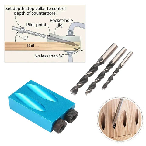 Pro Grade Pocket Hole Jig Kit With 15 Degree Dowel Drill Set And 6mm 8mm 10mm Drive Adapters For Woodworking Angled Hole Locator