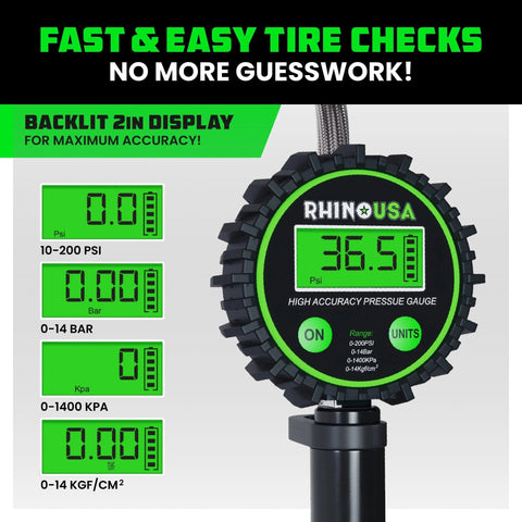 Rhino USA digital tire pressure gauge with 2-inch backlit display on a black housing, reads 0–200 PSI