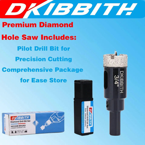 Three Quarters Inch Diamond Hole Saw Set With Pilot Bit Two Pack Diamond Tipped Tile Saws on display with packaging.