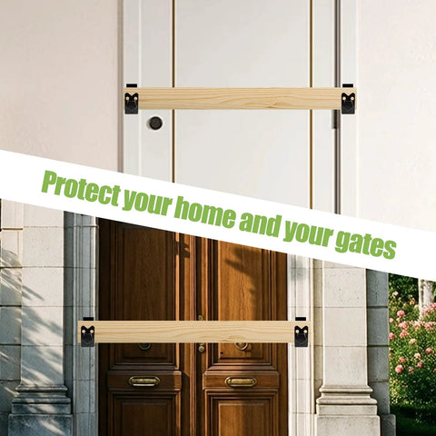 Twist To Lock Door Barricade Brackets installed on doors, heavy duty steel U shaped security reinforcement, rust proof powder coated jammer