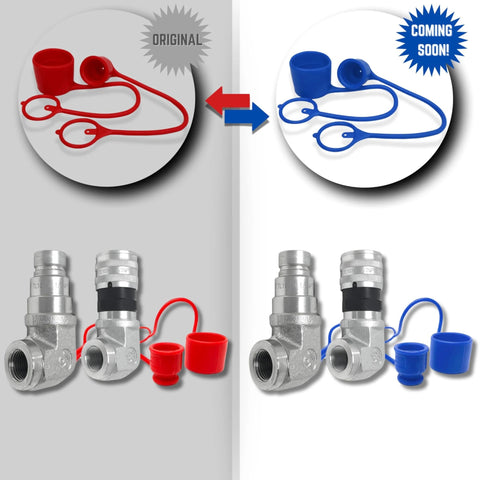 TL107 1/2 in NPT hydraulic quick-connect coupler set with 90-degree elbow; ISO 16028, red and blue with dust caps