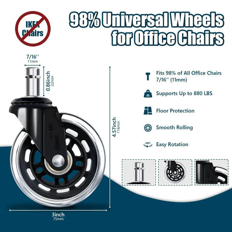 Set Of Five 3 Inch Smooth Replacement Chair Wheels With Rollerblade Style Bearings For Ultra Quiet Glide 880 Lbs Heavy Duty Transparent Casters Universal Fit For Home Office And Gaming Chairs Long Lasting Low Noise And Vibration Reduction, showing a detailed view of a single wheel with specifications.