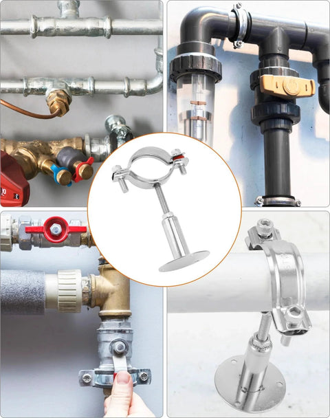 Adjustable Stainless Steel Pipe Wall And Ceiling Mount Bracket For 2 Inch OD Rods And Tubes, Built Tough 304 Stainless, Height Adjustable 50 To 90mm, Fits 48 To 51mm Diameter, Heavy Duty Display Pipe Clamp installed on various pipe setups.