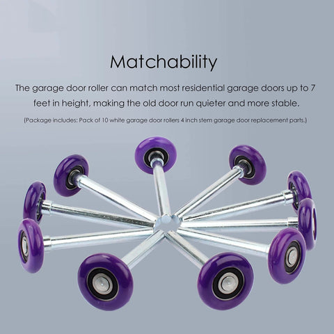 Quiet Nylon Garage Door Rollers With 4 Inch Stem, Durable 6200ZZ Bearing, Purple Pack Of 10 For Up To 7 Foot Doors