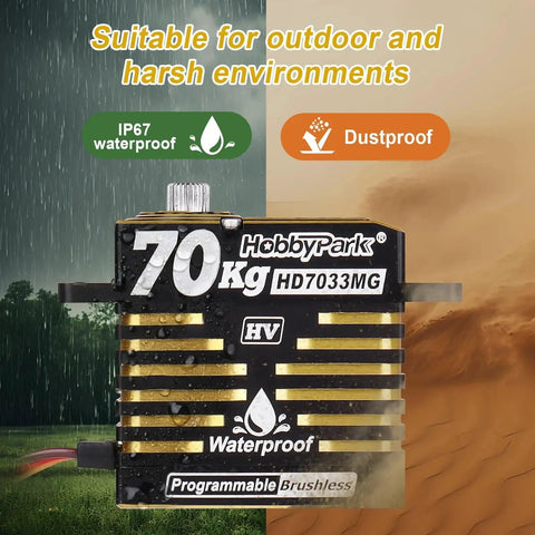 HobbyPark 70Kg waterproof metal-gear RC servo; black body with gold heat-sink fins (front view)
