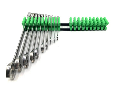 Space Saving Wrench Organizer Set with infinitely adjustable dividers holding multiple wrenches flat on a white background.