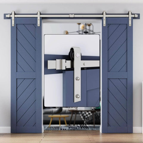 Heavy Duty 8 Ft Brushed Nickel Double Sliding Barn Door Hardware Track Kit With J Pulley for two 24-inch blue doors installed