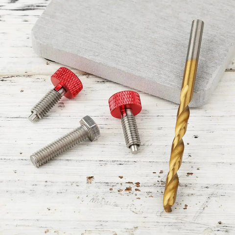 Handle Release Pins Kit With 2 Stainless Steel M6 Quick Release Pins Retractable Spring Plunger Bolt And Drill Bit For Toolbox Removal Red Heavy Duty Durable Easy Pin Access displayed on wooden surface