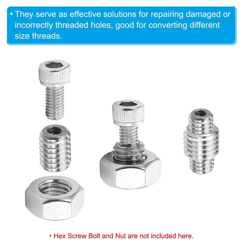 Front view PATIKIL 304 stainless steel thread adapters; M8x1.25 male to M6x1.0 female reducers, silver fasteners.
