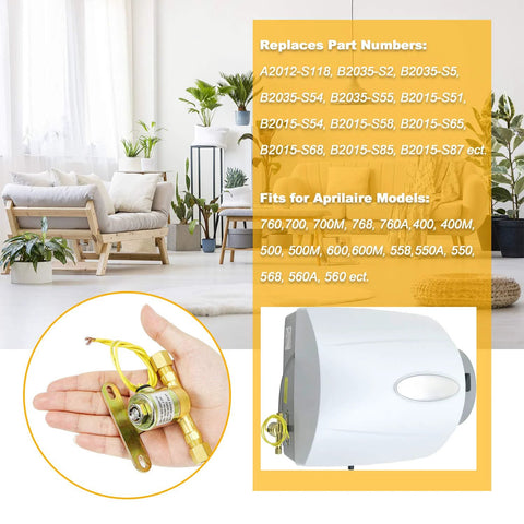 Humidifier water solenoid valve (yellow) held in hand beside a white Aprilaire humidifier unit with an orange model overlay.