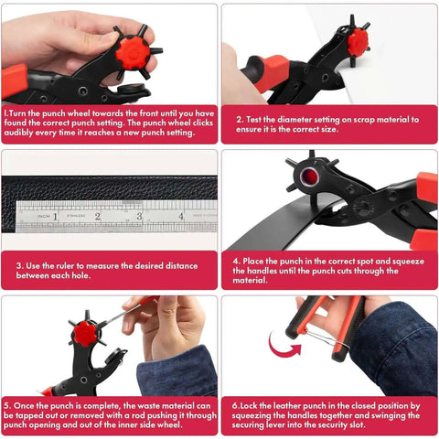 Beefy Rotary Leather Hole Punch Kit usage instructions, including hole sizes, measurements, and operation, for DIY leather projects.