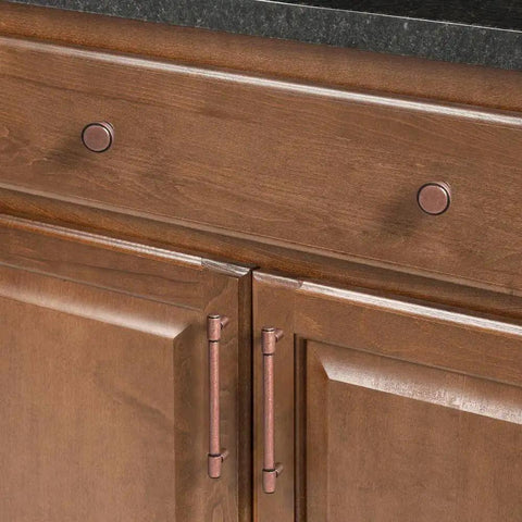 Six Pack 5.04 Inch Center To Center Antique Copper Drawer Pulls Red Bronze Bar Handles on wooden kitchen cabinet doors