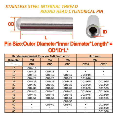 304 Stainless Steel Internal Thread Dowel Pin With Female Thread For Alignment And Connection, size chart visible.
