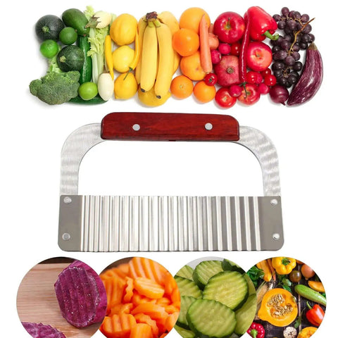 Stainless Steel Crinkle Cutter For Vegetables And Fruits, Wavy Chopper Knife With Wood Handle, Durable 7.3 Inch Blade.