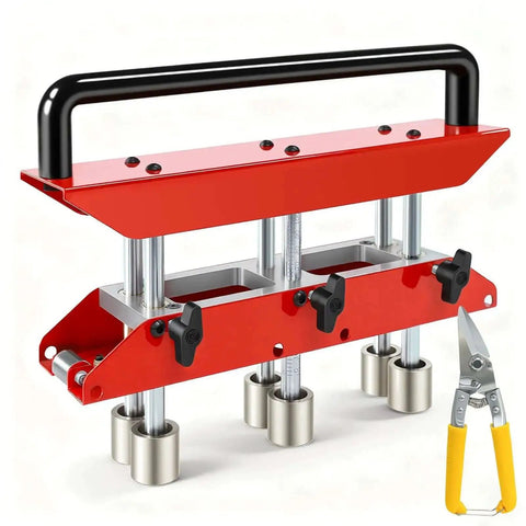 Red 3 Station Metal Roofing Bender with Edge Roller, ideal for 0 to 90 degree bends, shown with yellow-handled snips.