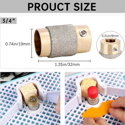 Stained Glass Diamond Grinder Bits Brass Core Three Quarter Inch Two Pack For Glass Grinding And Shaping Diamond Coated Drill Bit Heads Pro Grade For Stained Glass Projects And Mosaics showing dimensions of 0.74in and 1.25in