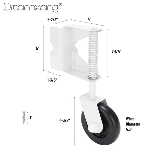 Spring Loaded Gate Caster Kit For Wooden And PVC Fences side view, heavy duty 4.3 Inch castors, steel core, silver finish, screw included