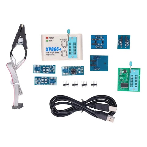 Pro Grade High Speed USB SPI Flash Programmer Kit for BIOS Chips and EEPROMs with accessories spread out