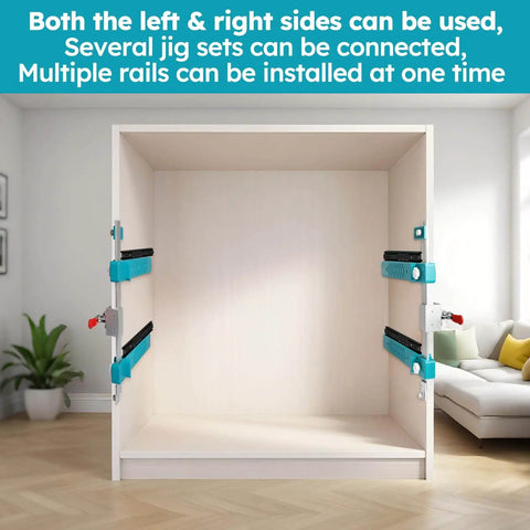 Cabinet installation using Drawer Slide Jig With Toggle Clamp And Magnetic Arm for fast, accurate cabinet and desk installations.