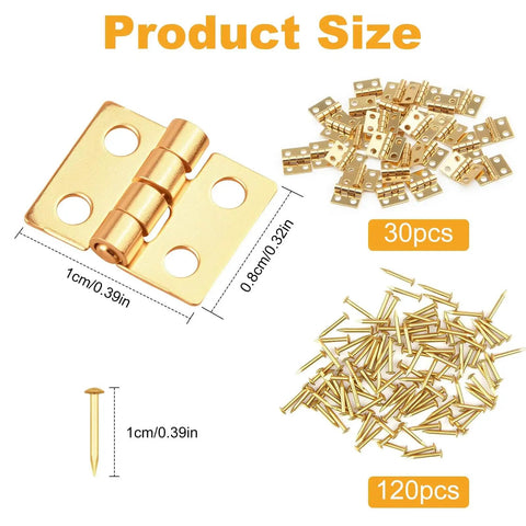Gold Mini Dollhouse Hinges Kit With 30 Tiny Hinges And 120 Nails For 180 Degree Full Motion Copper Metal DIY Hardware For Miniature Furniture Jewelry Boxes And Cabinets 0.31 x 0.39 Inches Hobby Craft Essentials shown with nails and size details